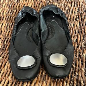 Born Black Leather Flats With Silver Tone Oval Embellishment